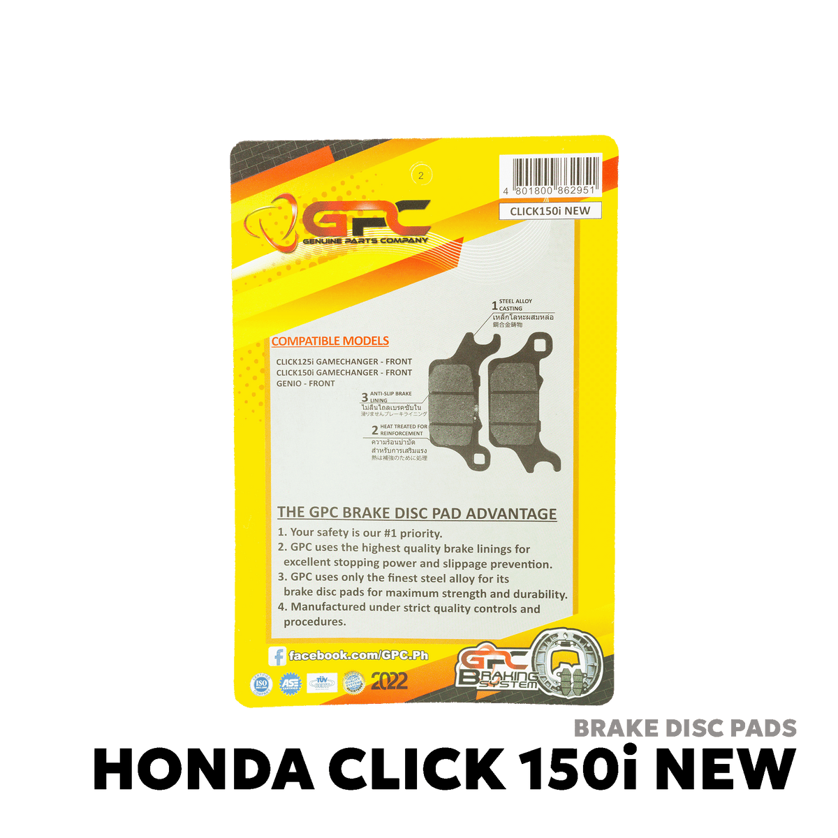 2018 - 2026 HONDA CLICK 125i V2 / V3 BRAKE DISC PAD - GPC - CLICK 125i NEW
